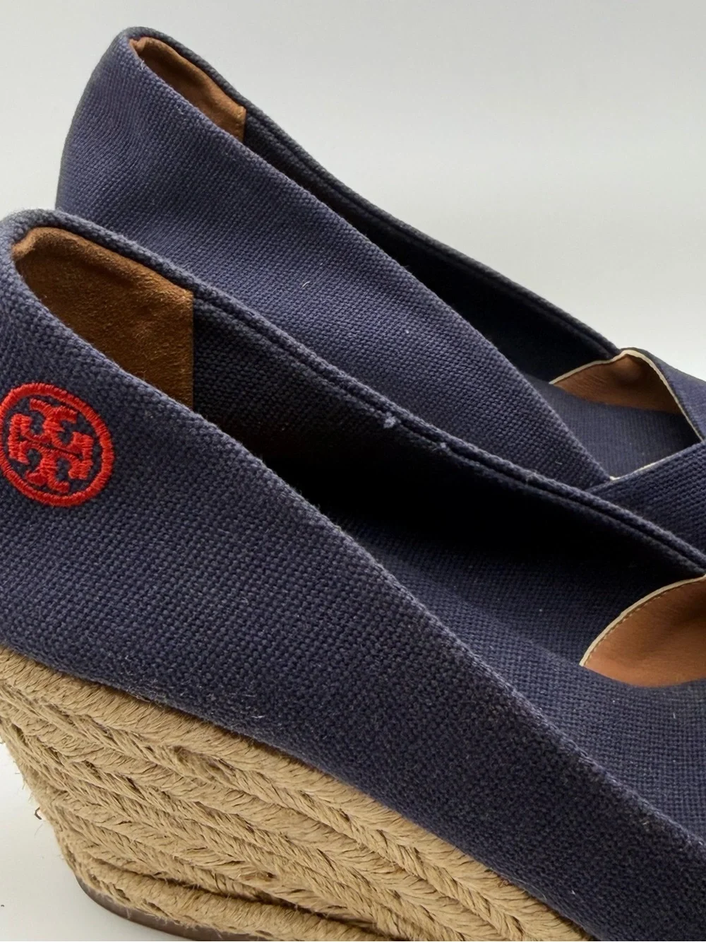 Tory Burch Navy Canvas Espadrille Wedge Peep Toe Heels Women’s 8 Coastal Preppy